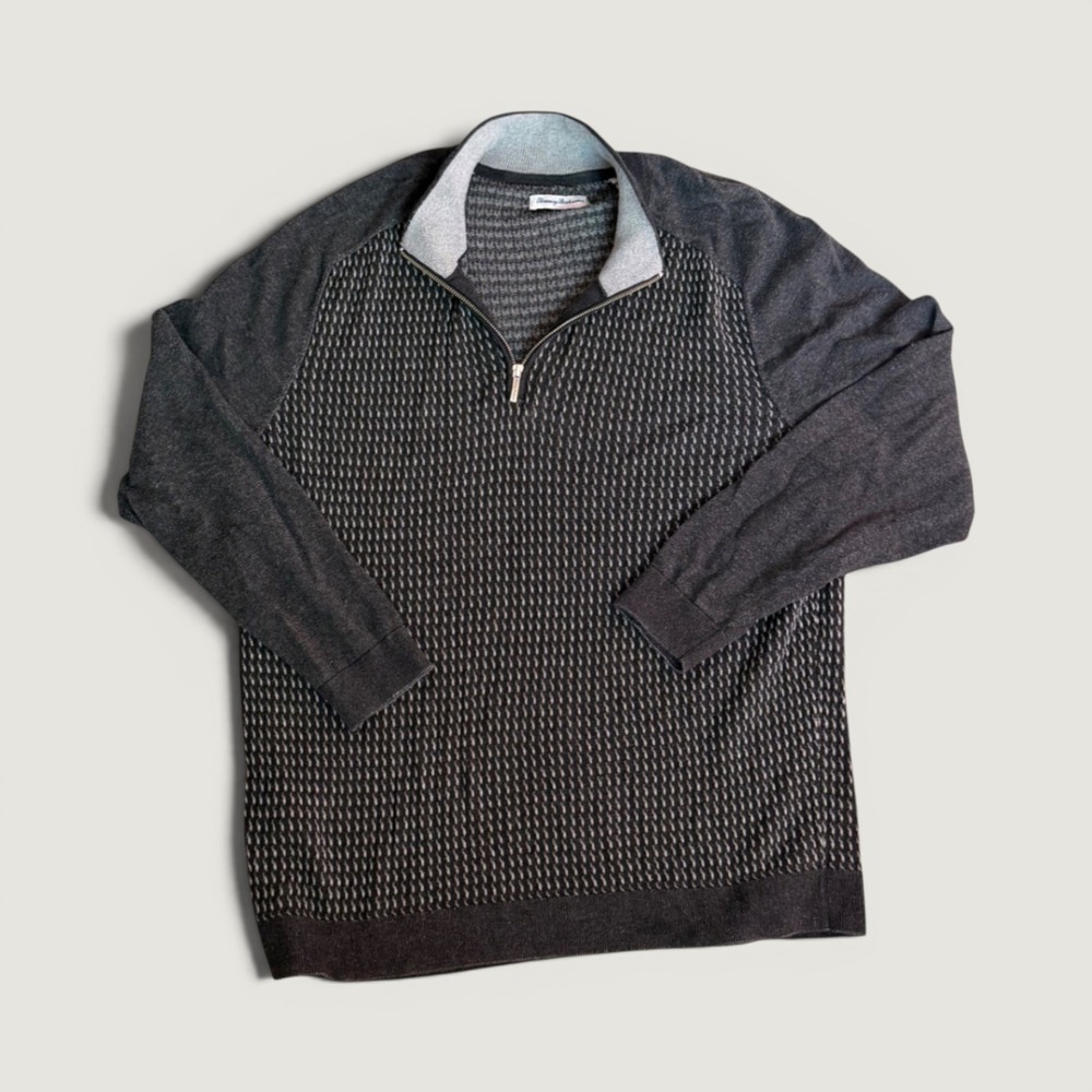 Tommy Bahama Mens XL Charcoal Gray Textured Cotton Tencel Quarter Zip Sweater